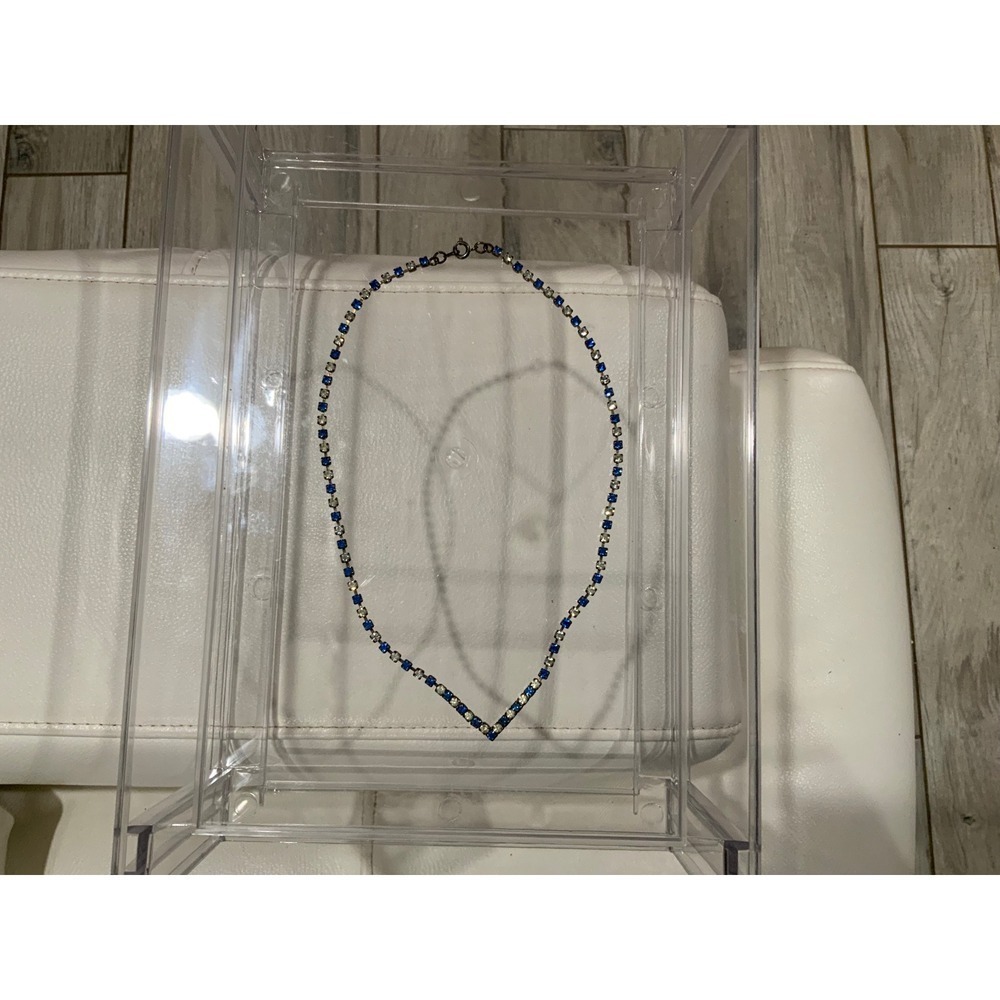 Vintage Blue and Clear Rhinestone Choker Necklace Silver Tone Tennis Style